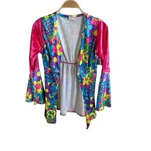Kmart Pink Hippie Costume Top Bell Sleeve Floral Psychedelic Velvet OSFM New